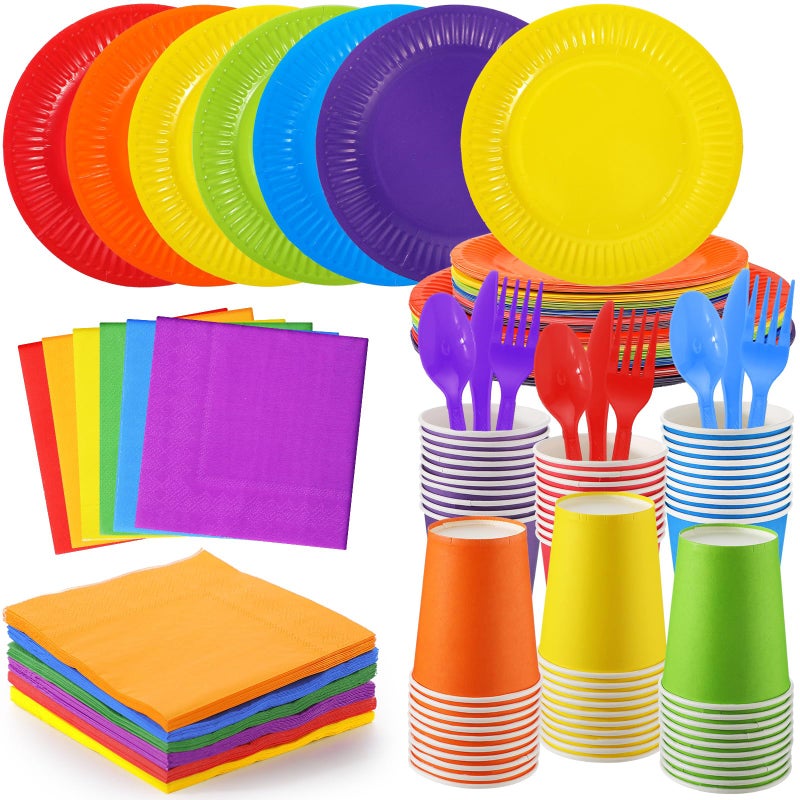 Inbagi 420 Pieces Rainbow Party Decorations Include 7 and 9 Colorful Paper Plates Colored Napkins Cups Spoons Forks Knives Complete Pack for Fiesta Neon Birthday Party Supplies